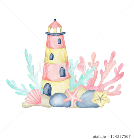 Striped lighthouse, pink coral, teal leaves and shells create a vivid hand drawn watercolor illustration that works well for maritime posters, surface patterns, labels and coastal accessories 134227567