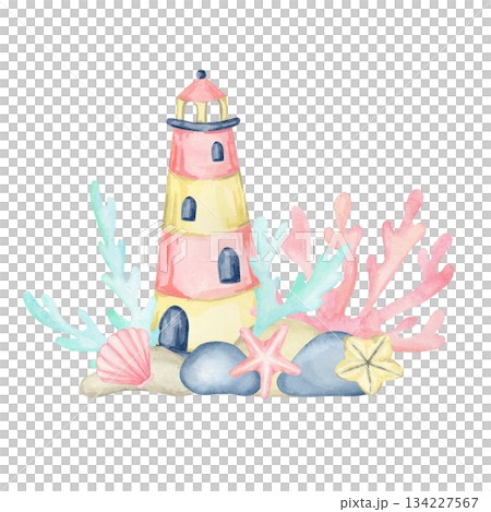 Striped lighthouse, pink coral, teal leaves and shells create a vivid hand drawn watercolor illustration that works well for maritime posters, surface patterns, labels and coastal accessories 134227567