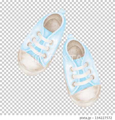 Blue baby boy shoes painted in delicate tones form a detailed watercolor illustration. Hand-drawn clipart for newborn announcements, baby shower cards, printable decorations, and apparel design Blue baby boy shoes painted in delicate tones form a detailed watercolor illustration. Hand-drawn clipart for newborn announcements, baby shower cards, printable decorations, and apparel design 134227572