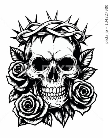 Skull with crown of thorns and rose art for gothic tattoo or design 134227980
