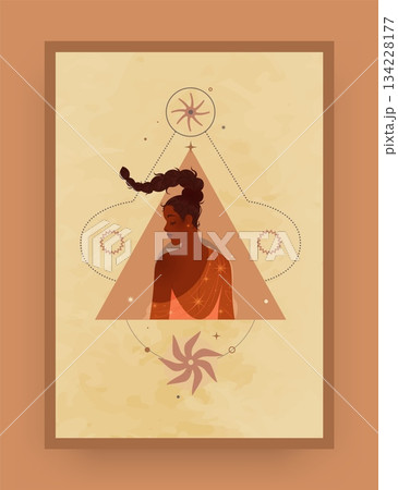 Woman magic. Young female Boho portrait. Mystic line symbols. Spiritual stars and abstract sun astrology icons. Beautiful people profile. Mystical girl face. Occult pentagram. Vector esoteric card Woman magic. Young female Boho portrait. Mystic line symbols. Spiritual stars and abstract sun astrology icons. Beautiful people profile. Mystical girl face. Occult pentagram. Vector esoteric card 134228177