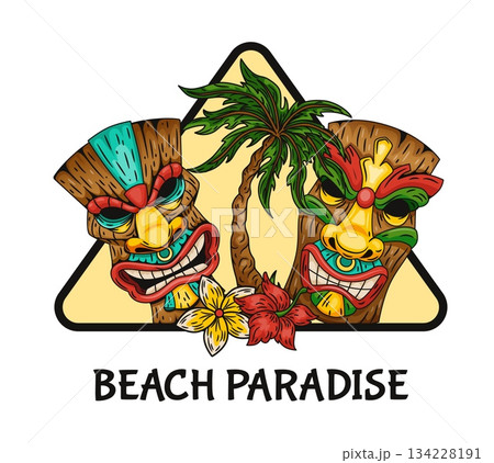 Colorful tropical tiki mask. Beach paradise design with exotic wooden idols, palm tree and bright island flower. Vacation symbol summer atmosphere and exotic vibe. Vector cartoon isolated illustration 134228191