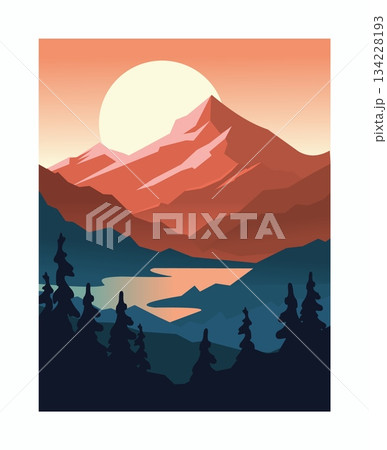 Summer travel. Scenic sunset horizon. Rocky landscape. Hiking adventure journey card. Mountain peak. Coniferous trees forest. River valley evening panorama. Camping tourism. Vector wild nature banner 134228193