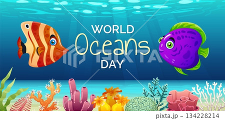 World ocean day. Underwater banner design. Exotic tropical marine inhabitants. Oceanarium flyer template. Swimming animals, wildlife poster. Coral reef poster. Vector cartoon flat style illustration World ocean day. Underwater banner design. Exotic tropical marine inhabitants. Oceanarium flyer template. Swimming animals, wildlife poster. Coral reef poster. Vector cartoon flat style illustration 134228214