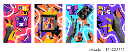 Paint collage. Halftone art. Creativity poster. Sewing and handicrafts. Drawing hand with palette and brush. Doodle color shape. Dotted paintbrush. Painting posters set. Vector retro garish template 134228222