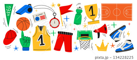 Basketball team stickers. Sport icon. Retro game. Streetball playground. Doodle ball. Basket net. Player sportswear. Whistle and flag. Cartoon scoreboard. Vector comic athletic elements garish set Basketball team stickers. Sport icon. Retro game. Streetball playground. Doodle ball. Basket net. Player sportswear. Whistle and flag. Cartoon scoreboard. Vector comic athletic elements garish set 134228225