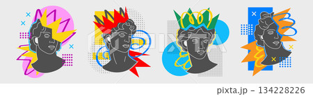 Greek statue pop art. Graffiti poster. Abstract head Y2K. Modern print design. Geometric wall art. Fashion template. Vector creative graphic garish background cartoon flat style isolated illustration Greek statue pop art. Graffiti poster. Abstract head Y2K. Modern print design. Geometric wall art. Fashion template. Vector creative graphic garish background cartoon flat style isolated illustration 134228226