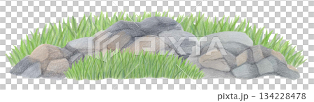Watercolor stone rock formation with grass isolated on white. Detailed texture rocky surface for nature designs and landscapes. Watercolor stone rock formation with grass isolated on white. Detailed texture rocky surface for nature designs and landscapes. 134228478
