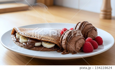 もちもちのクレープ生地の中に、バナナやベリーを入れたクレープ・オ・ショコラ 134228624