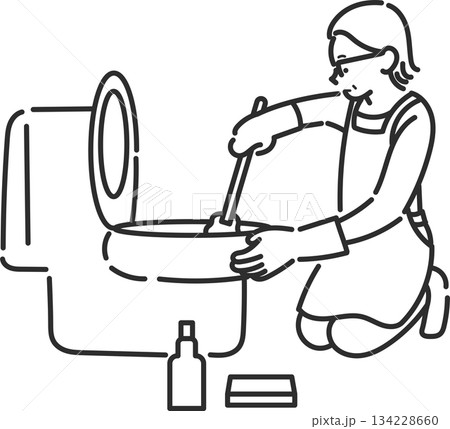 トイレ掃除をする40代女性のイラスト　線画のみ 134228660