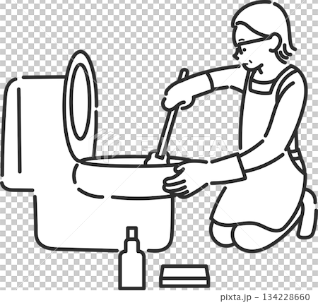 トイレ掃除をする40代女性のイラスト　線画のみ 134228660