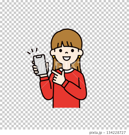 スマートフォンの画面を指さす、若い女性・女子学生の上半身ベクターイラスト素材＿カラー 134228727