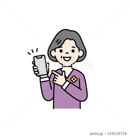 スマートフォンの画面を指さす、中高年の女性・おばあさんの上半身ベクターイラスト素材＿カラー 134228729