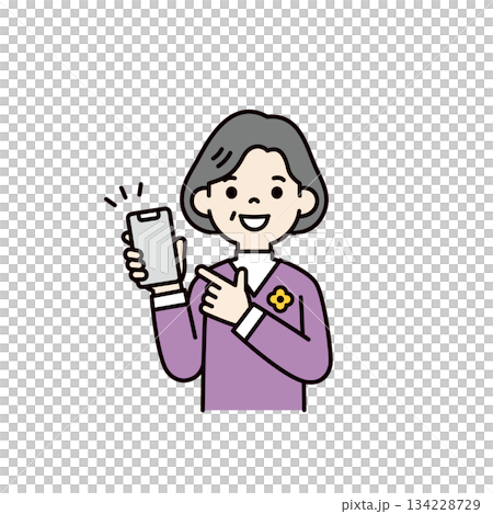 スマートフォンの画面を指さす、中高年の女性・おばあさんの上半身ベクターイラスト素材＿カラー 134228729