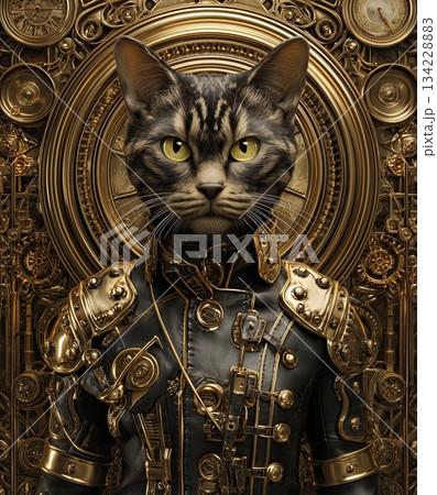 Steampunk Victorian female cat engineer, close-up portrait, leather jacket with polished brass plates, asymmetric clockwork shoulder pads 134228883