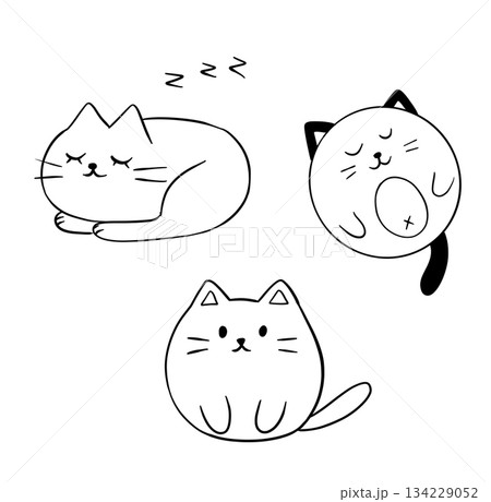 Drawings of cute funny cats with black lines. Fat sleepy cats. Drawings of cute funny cats with black lines. Fat sleepy cats. 134229052