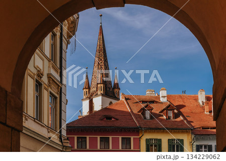 Cityscape with Sibiu Symbols and Tourist Attractions 134229062