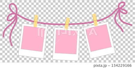 Three Hanging Pink Polaroid Photo Frames on a String with Clothespins, valentine element Three Hanging Pink Polaroid Photo Frames on a String with Clothespins, valentine element 134229166