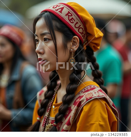 AI generated Vibrant cultural festival scene, Candid portrayal of woman at cultural 134229385