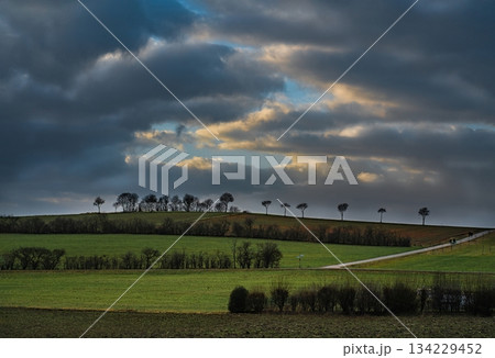 the sun's rays pierce the clouds over the agricultural field 134229452
