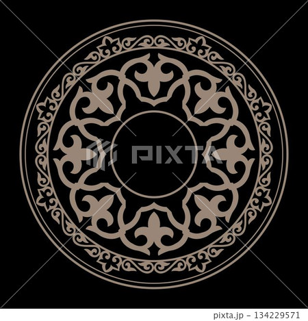 Traditional gold round Turkic ornament. Round frame. Oriental round pattern with arabesques. For ceramic, porcelain, embroidery, sandblasting, laser. Islam, Indian, Ottoman motif. Vector illustration  134229571