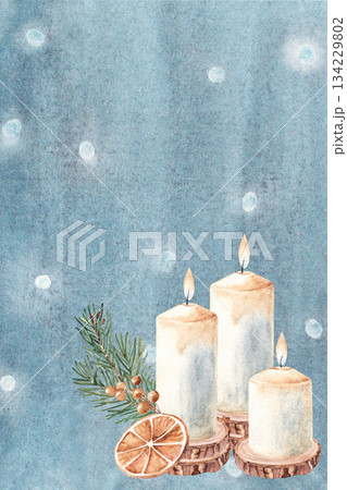 Watercolor winter christmas background with burning candle, fir branch and dried orange. Cozy holiday illustration with copy space for greeting card, invitation, banner or social media. Watercolor winter christmas background with burning candle, fir branch and dried orange. Cozy holiday illustration with copy space for greeting card, invitation, banner or social media. 134229802