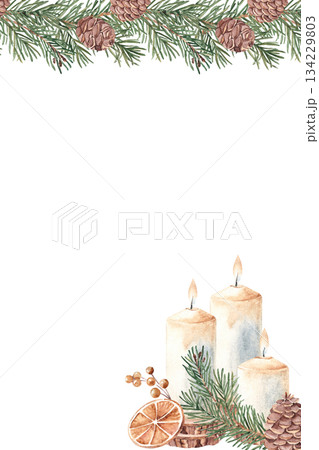 Winter, Christmas square vertical Frame, Border. Fir, pine branches and cones, candles and dried orange slices. Hand drawn Botanical cozy home illustration in Rustic style. Perfect as Card or Poster 134229803