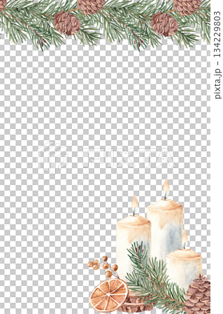 Winter, Christmas square vertical Frame, Border. Fir, pine branches and cones, candles and dried orange slices. Hand drawn Botanical cozy home illustration in Rustic style. Perfect as Card or Poster 134229803