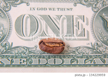 Close-up of a split coffee bean on a one-dollar bill, merging the rustic charm of agriculture Close-up of a split coffee bean on a one-dollar bill, merging the rustic charm of agriculture 134229959