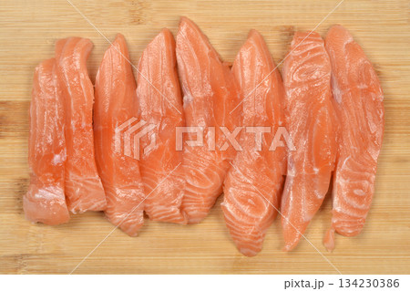 Raw Salmon Slices 134230386