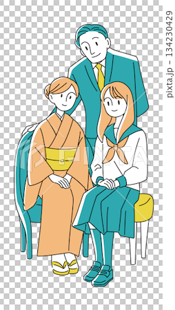 身著和服和校服的日本家庭插圖 | 日本服飾,全家福,三口之家 身著和服和校服的日本家庭插圖 | 日本服飾,全家福,三口之家 134230429