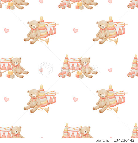 Seamless pattern with vintage teddy bear, drum and trumpet, hand drawn watercolor pastel illustrations isolated on white background 134230442
