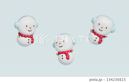 Cute Snowman Character with Earmuffs and Red Scarf. 3D Rendering Cute Snowman Character with Earmuffs and Red Scarf. 3D Rendering 134230815