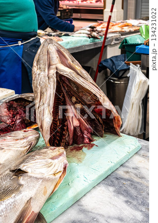 Setubal, Portugal - Feb 28, 2025: Mercado do Livramento in Setubal, Portugal. Fresh fish and food market 134231022