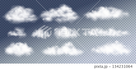 Set of Vector Realistic Cloud, Smoke or Fog. Fluffy Cloudscape. Overlay Transparent Cloud. 134231064
