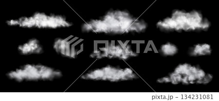 Set of Vector Realistic Cloud, Smoke or Fog. Fluffy Cloudscape. Overlay Transparent Cloud. Set of Vector Realistic Cloud, Smoke or Fog. Fluffy Cloudscape. Overlay Transparent Cloud. 134231081