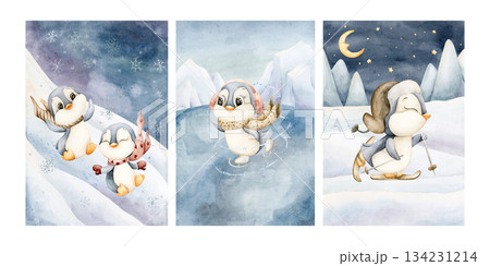 Cute Penguins Winter Fun Sports Postcard Set. Watercolor hand drawn illustration isolated on white background for winter design Christmas card baby nursery poster kids holiday print fairy tale book 134231214