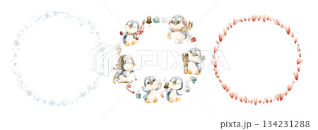 Cute Winter Wreaths with penguins hearts snowflakes. Watercolor hand drawn illustration isolated on white background for kids design Christmas Valentine card baby template nursery holiday print label 134231288