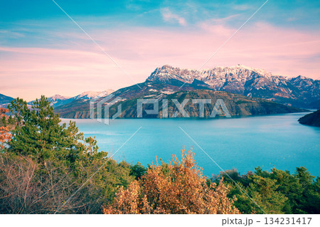 Mountain lake in autumn Aerial view. Serre-Poncon mountain lake in winter in Hautes Alpes, France 134231417