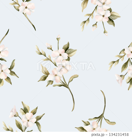 White small flowers with leaves seamless pattern. Jasmine, orange, apple blossom. Watercolor hand painted floral isolated illustration for wedding design home textile cosmetic package wrapping paper 134231458