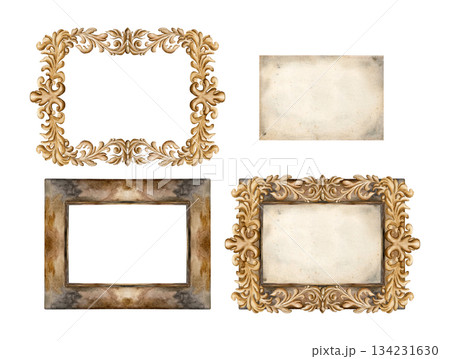 Old vintage frames, paper sheets and golden decorative ornaments in Victorian style. Set of design elements. Watercolor hand painted isolated illustration for wedding design, greeting card, invitation 134231630