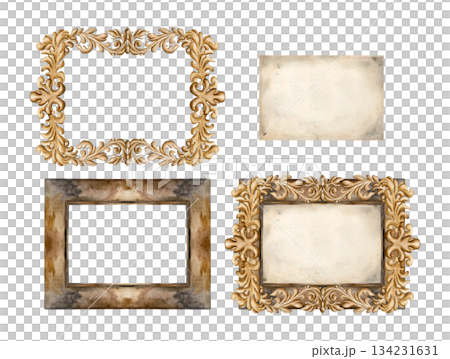 Old vintage frames, paper sheets and golden decorative ornaments in Victorian style. Set of design elements. Watercolor hand painted isolated illustration for wedding design, greeting card, invitation Old vintage frames, paper sheets and golden decorative ornaments in Victorian style. Set of design elements. Watercolor hand painted isolated illustration for wedding design, greeting card, invitation 134231631