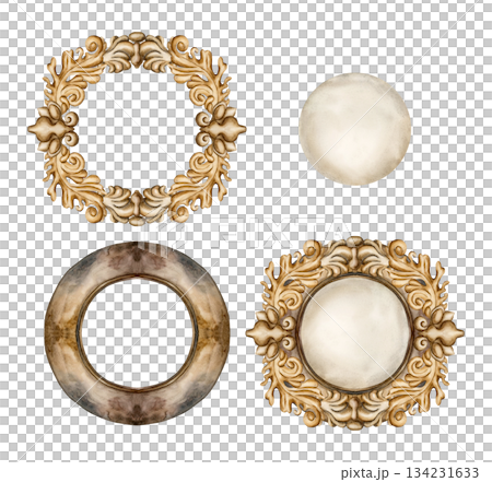 Old vintage frames, paper sheets and golden decorative ornaments in Victorian style. Set of design elements. Watercolor hand painted isolated illustration for wedding design, greeting card, invitation Old vintage frames, paper sheets and golden decorative ornaments in Victorian style. Set of design elements. Watercolor hand painted isolated illustration for wedding design, greeting card, invitation 134231633