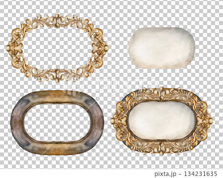 Old vintage frames, paper sheets and golden decorative ornaments in Victorian style. Set of design elements. Watercolor hand painted isolated illustration for wedding design, greeting card, invitation Old vintage frames, paper sheets and golden decorative ornaments in Victorian style. Set of design elements. Watercolor hand painted isolated illustration for wedding design, greeting card, invitation 134231635