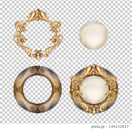 Old vintage frames, paper sheets and golden decorative ornaments in Victorian style. Set of design elements. Watercolor hand painted isolated illustration for wedding design, greeting card, invitation Old vintage frames, paper sheets and golden decorative ornaments in Victorian style. Set of design elements. Watercolor hand painted isolated illustration for wedding design, greeting card, invitation 134231637