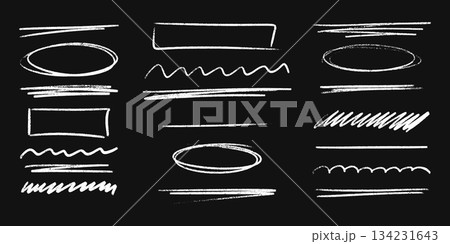 White highlight marker strokes with hand drawn pencil lines and crayon textures. Rough brush marks with wavy underlines, doodle shapes and freehand sketch elements for artistic highlight designs. 134231643