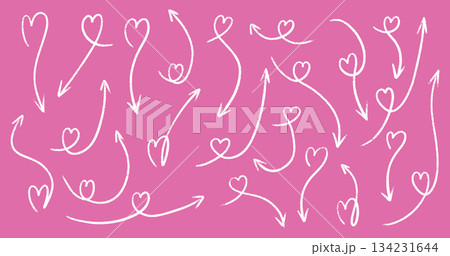 Hand drawn crayon hearts arrows and pointers in red marker style. Chalk sketch with pencil doodles, rough brush strokes and scribble textures. Romantic Valentine elements for creative designs. 134231644