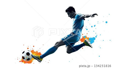 サッカー 抽象画 シルエットと色彩の飛沫 アート | ドリブルの躍動感とサッカー選手 134231816
