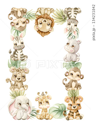 Cute Animals Plants Frame. Safari Jungle Tropical Exotic leaves Watercolor hand painted summer pastel neutral isolated illustration on white background for nursery kids baby shower card logo label 134231842