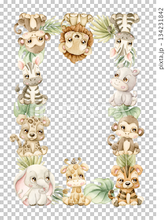 Cute Animals Plants Frame. Safari Jungle Tropical Exotic leaves Watercolor hand painted summer pastel neutral isolated illustration on white background for nursery kids baby shower card logo label 134231842